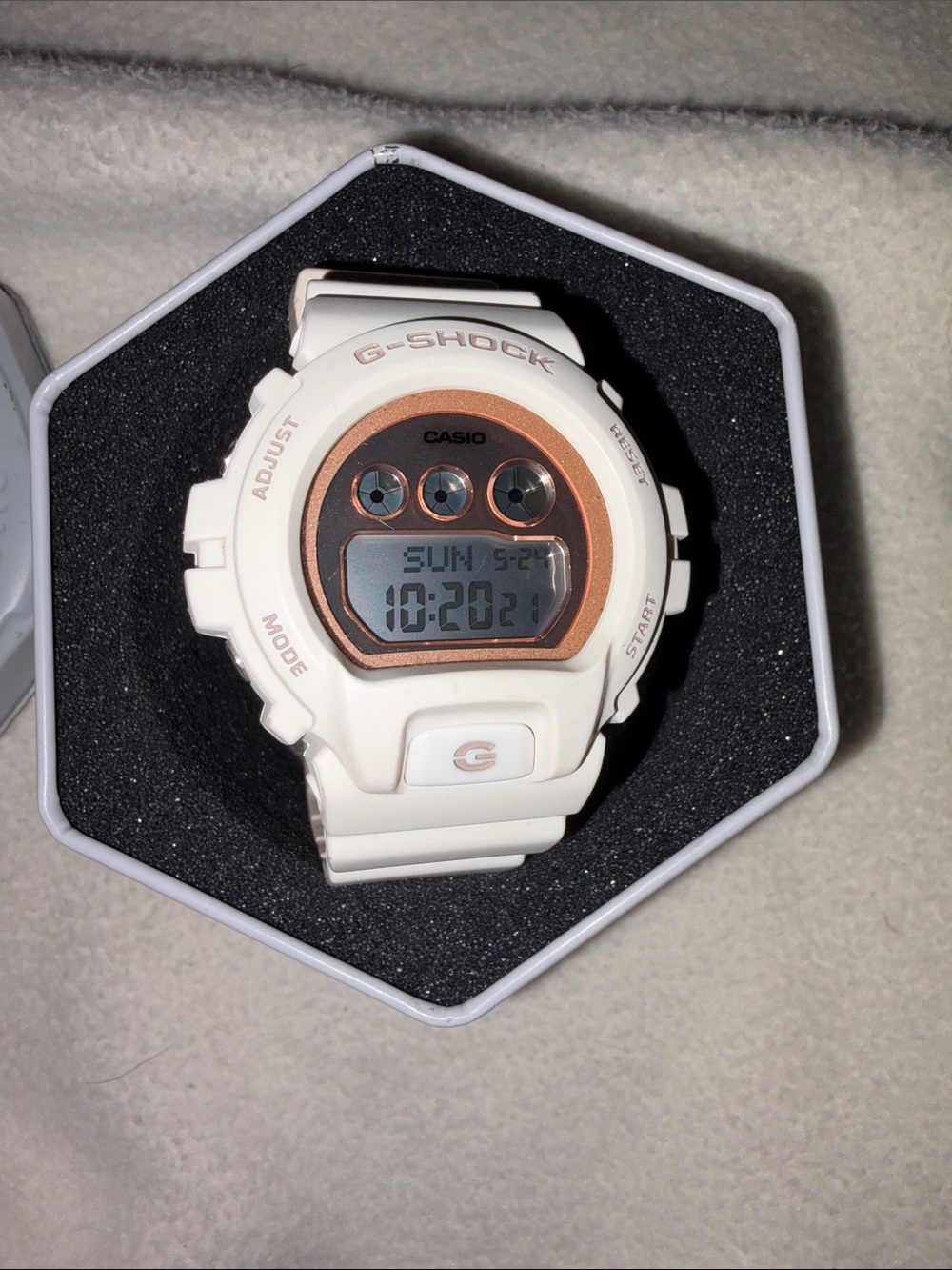G-Shock White Digital Watch with Rose Gold Bezel